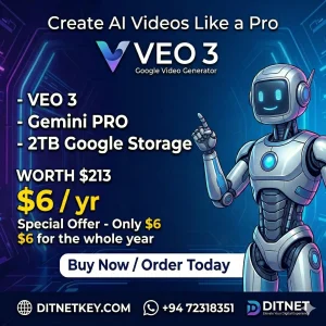 Promotional offer for VEO 3 AI video generator, Gemini PRO, and 2TB Google Storage yearly subscription for $6 by DITNET.